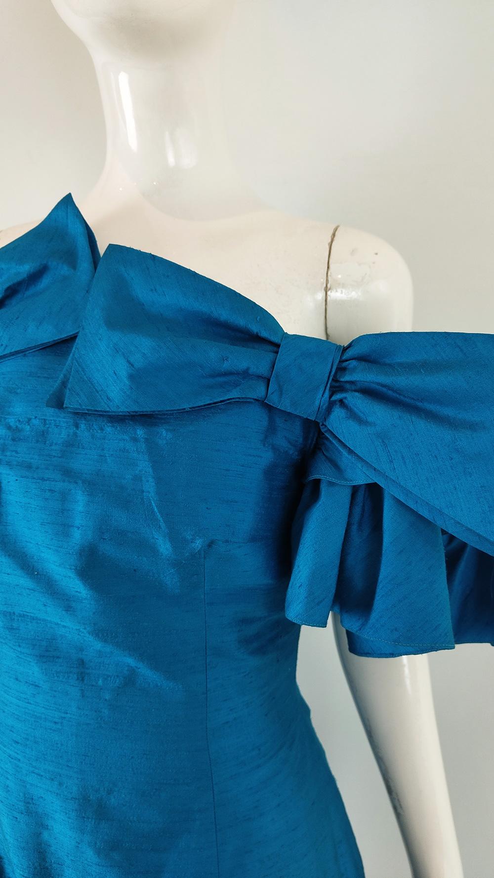 Women's Gina Fratini Vintage 80s Blue Silk Ruffle Evening Cocktail Dress, 1980s