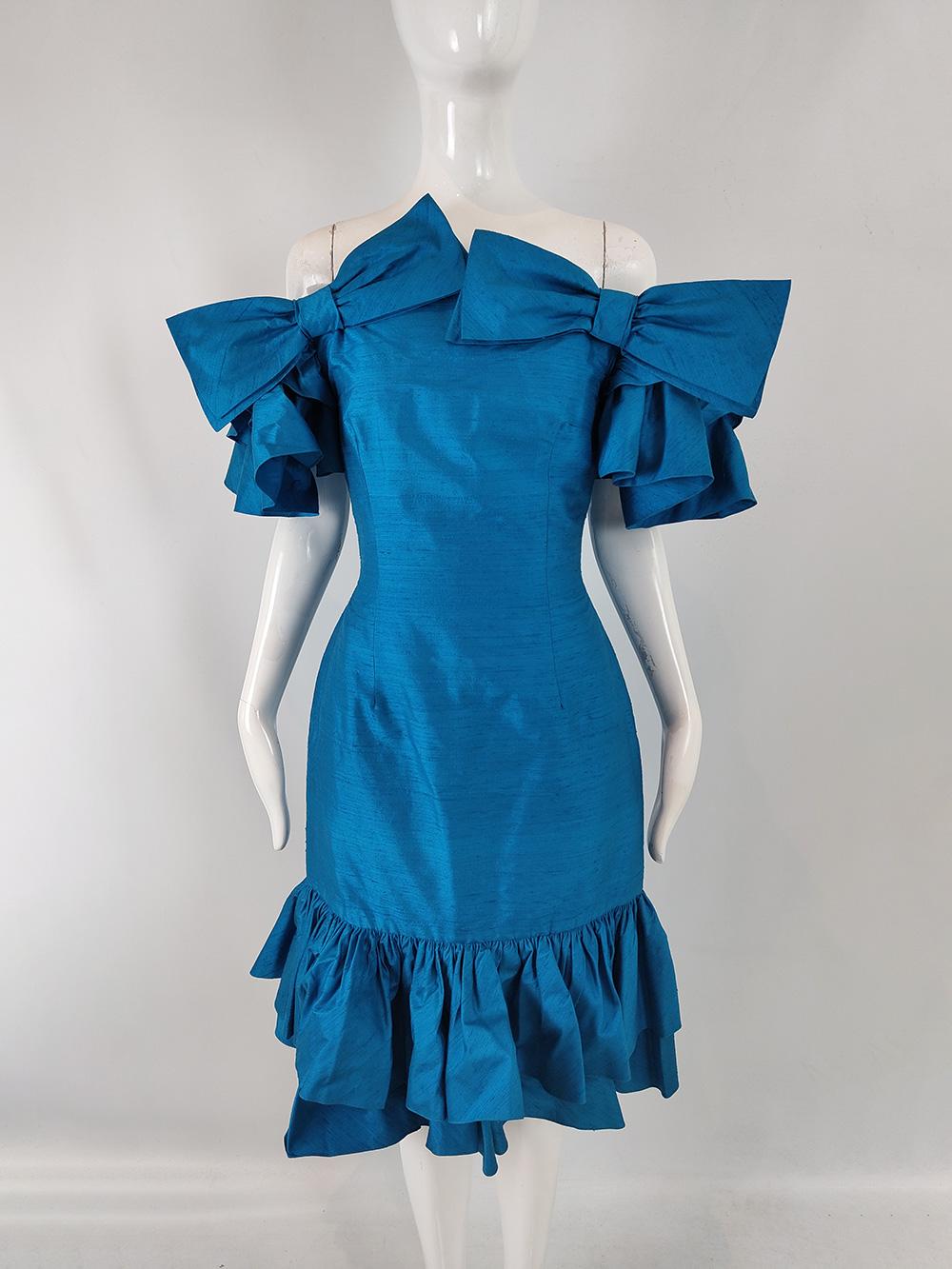 Gina Fratini Vintage 80s Blue Silk Ruffle Evening Cocktail Dress, 1980s 1