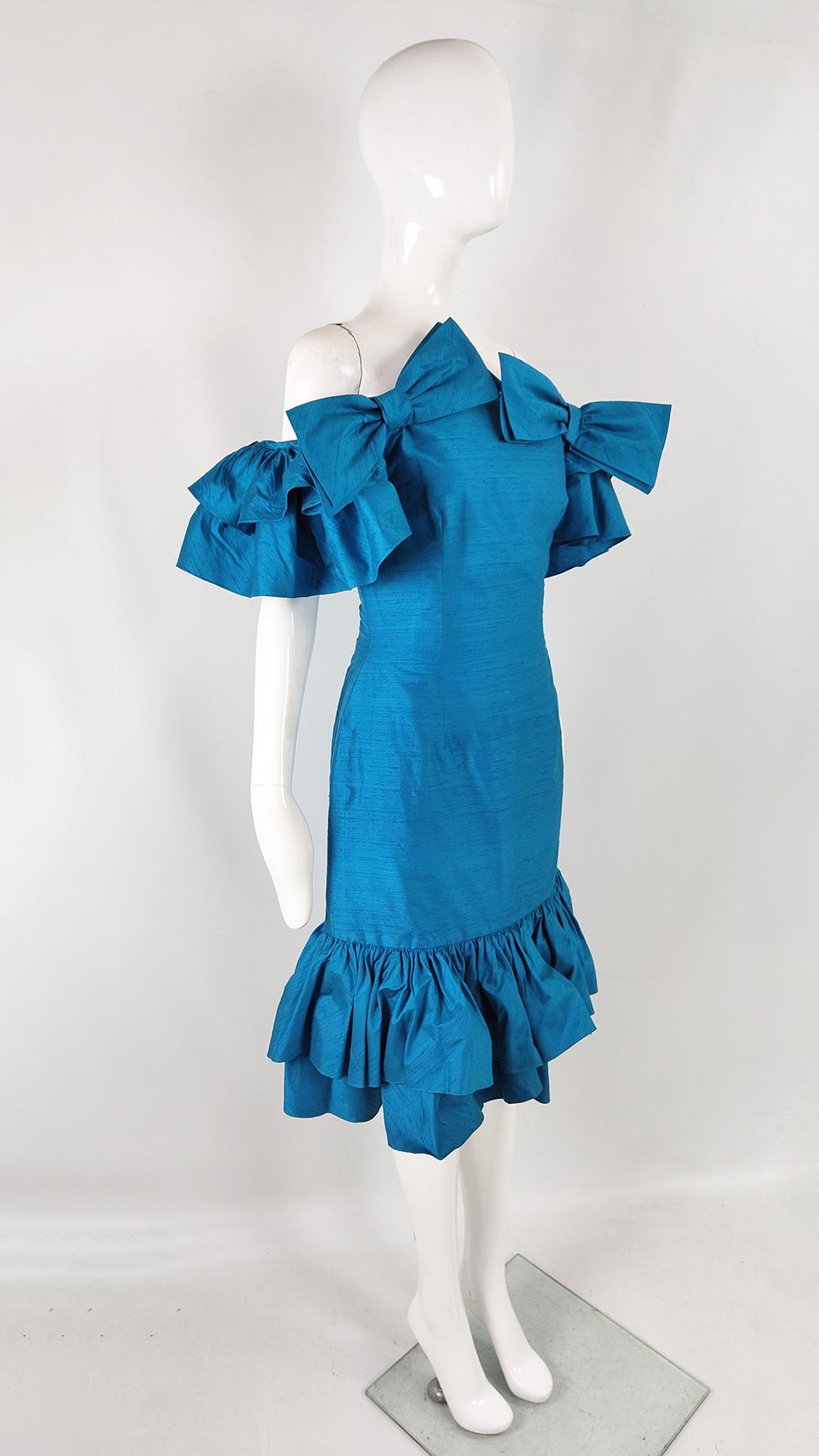 Gina Fratini Vintage 80s Blue Silk Ruffle Evening Cocktail Dress, 1980s 2