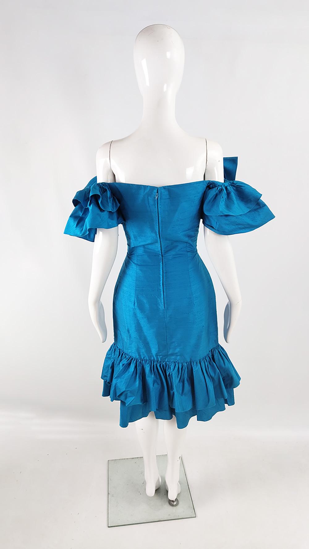 Gina Fratini Vintage 80s Blue Silk Ruffle Evening Cocktail Dress, 1980s 4