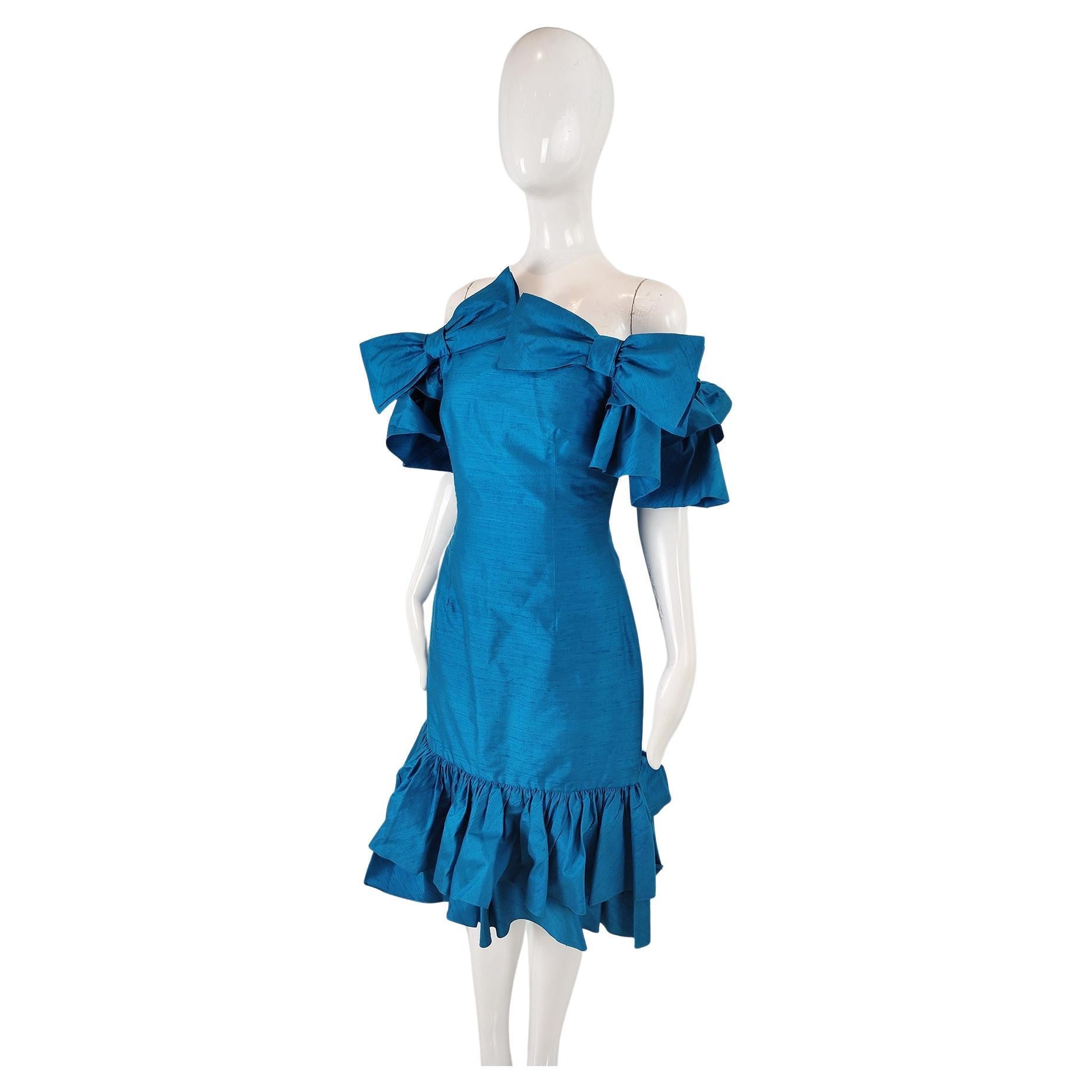 Gina Fratini Vintage 80s Blue Silk Ruffle Evening Cocktail Dress, 1980s