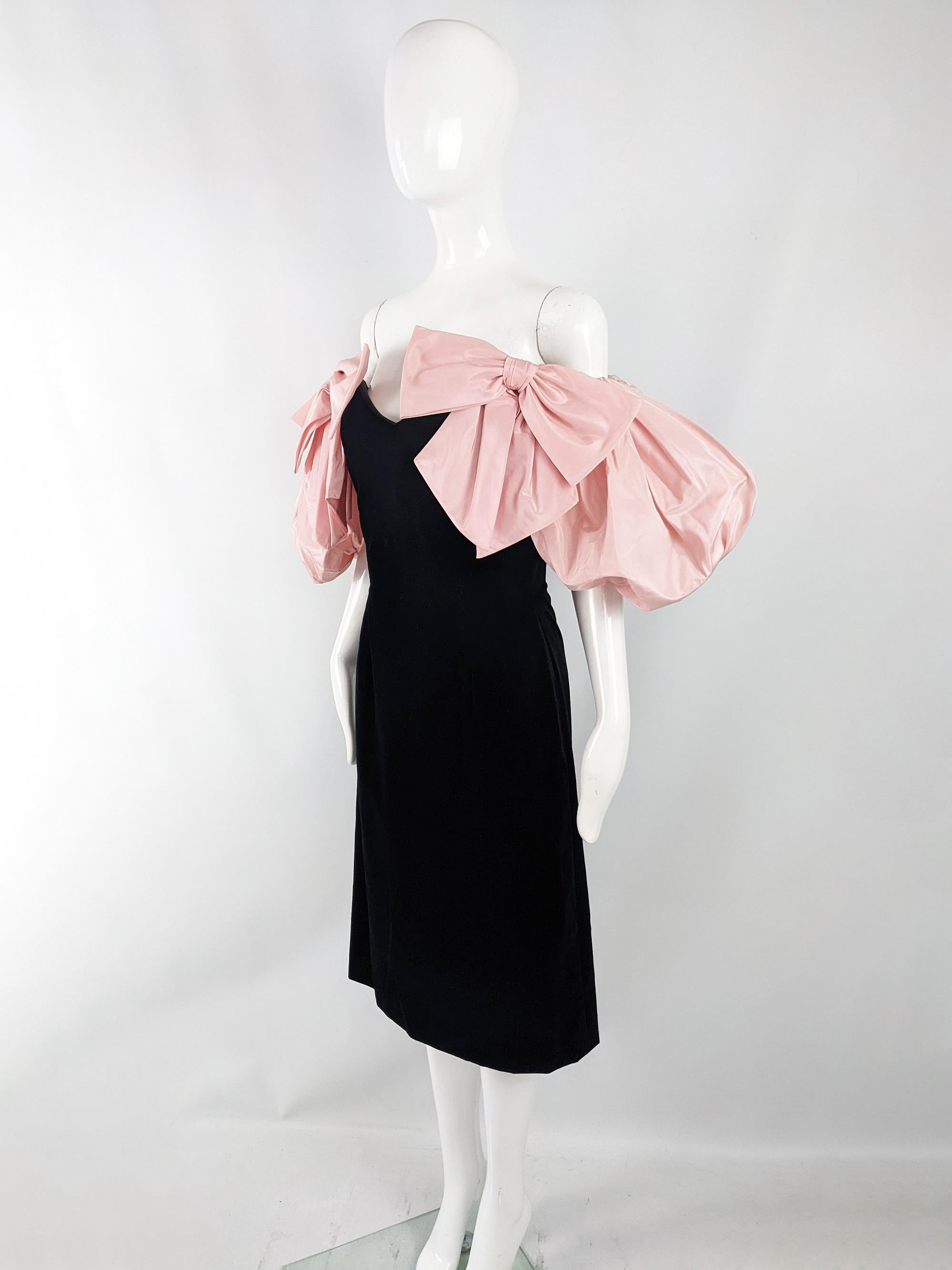 Beige Gina Fratini Vintage Velvet & Pink Silk Taffeta Puff Sleeve Party Evening Dress For Sale