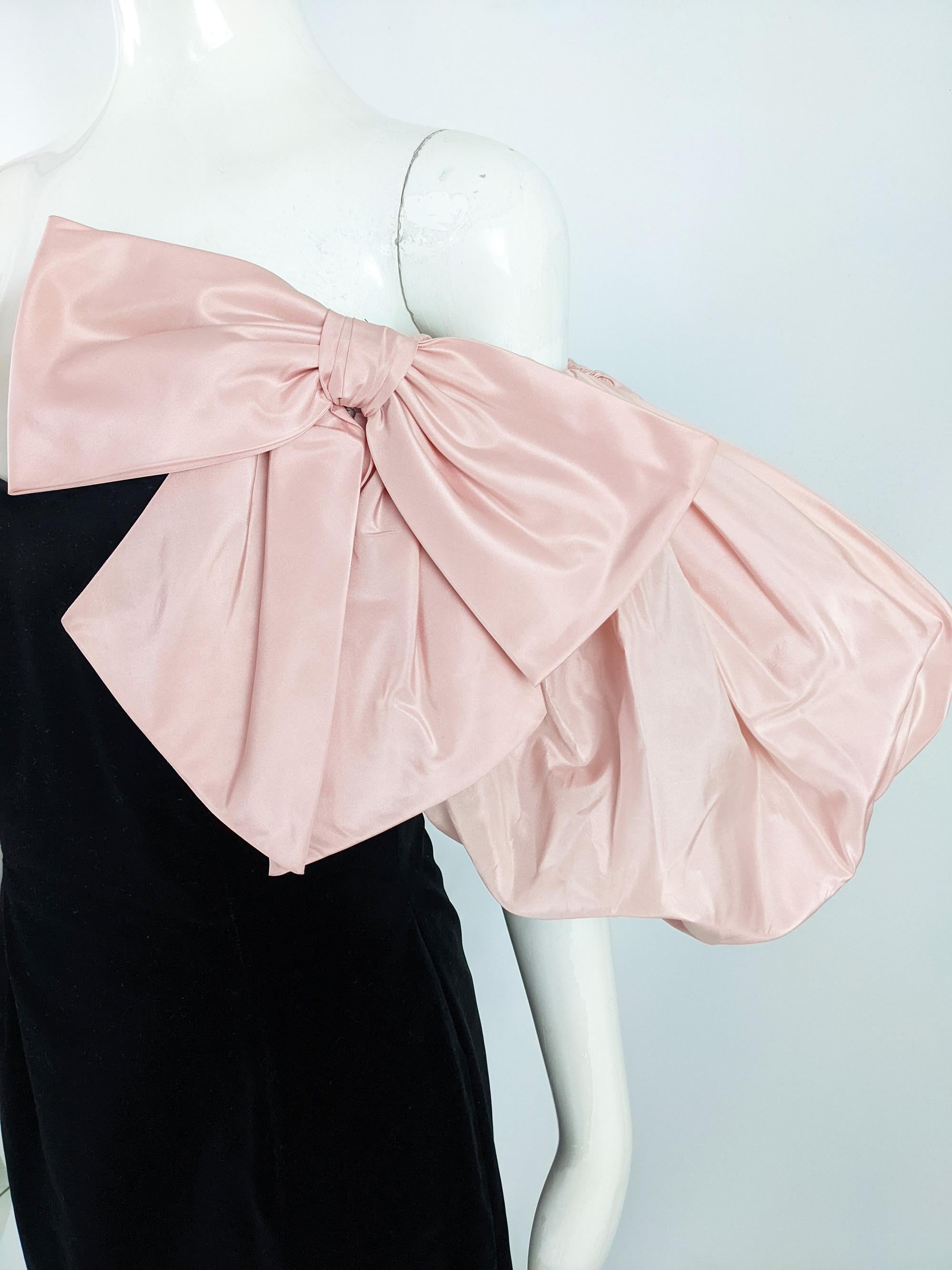 Gina Fratini Vintage Velvet & Pink Silk Taffeta Puff Sleeve Party Evening Dress In Excellent Condition For Sale In Doncaster, South Yorkshire