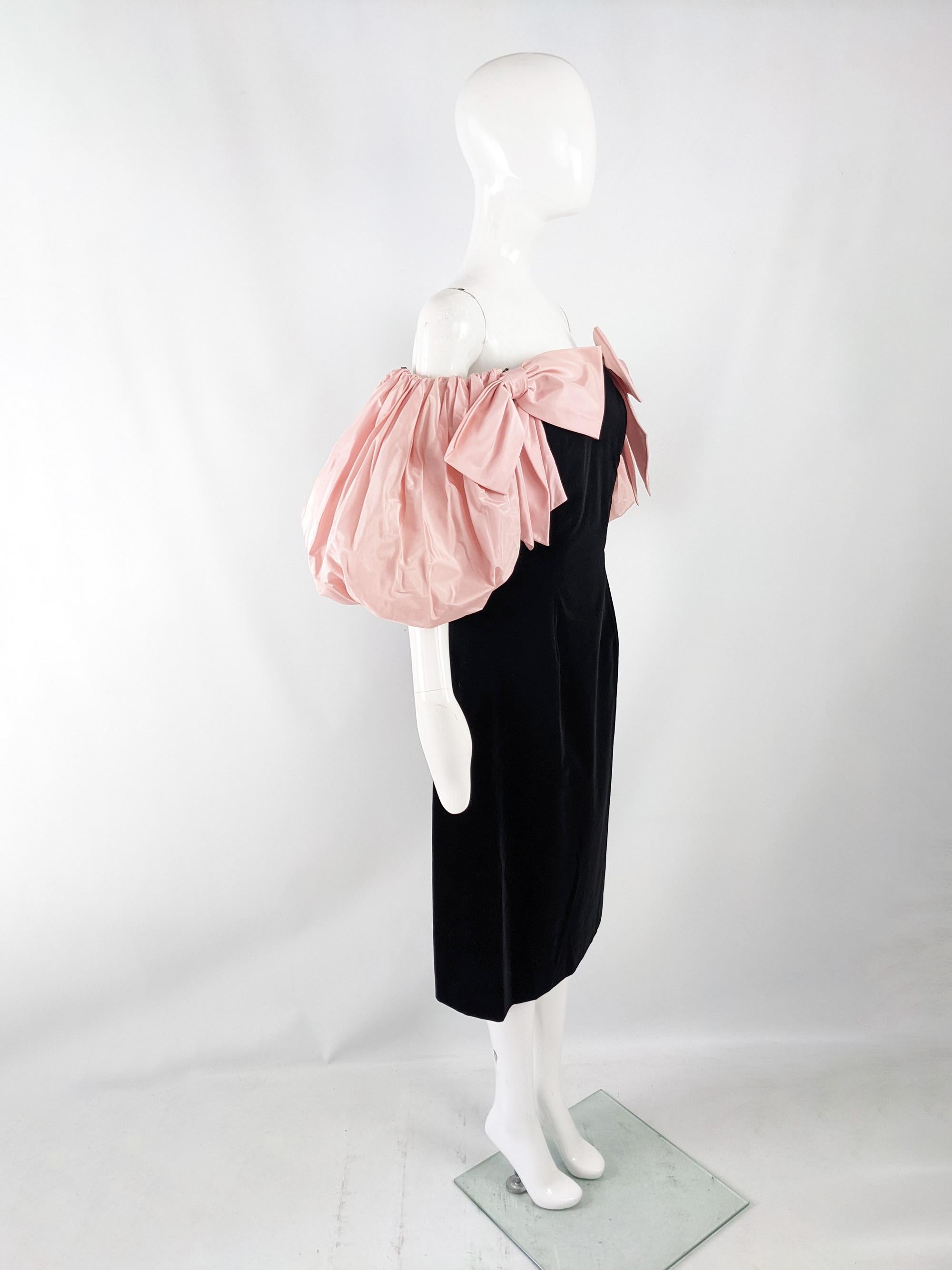 Women's Gina Fratini Vintage Velvet & Pink Silk Taffeta Puff Sleeve Party Evening Dress For Sale