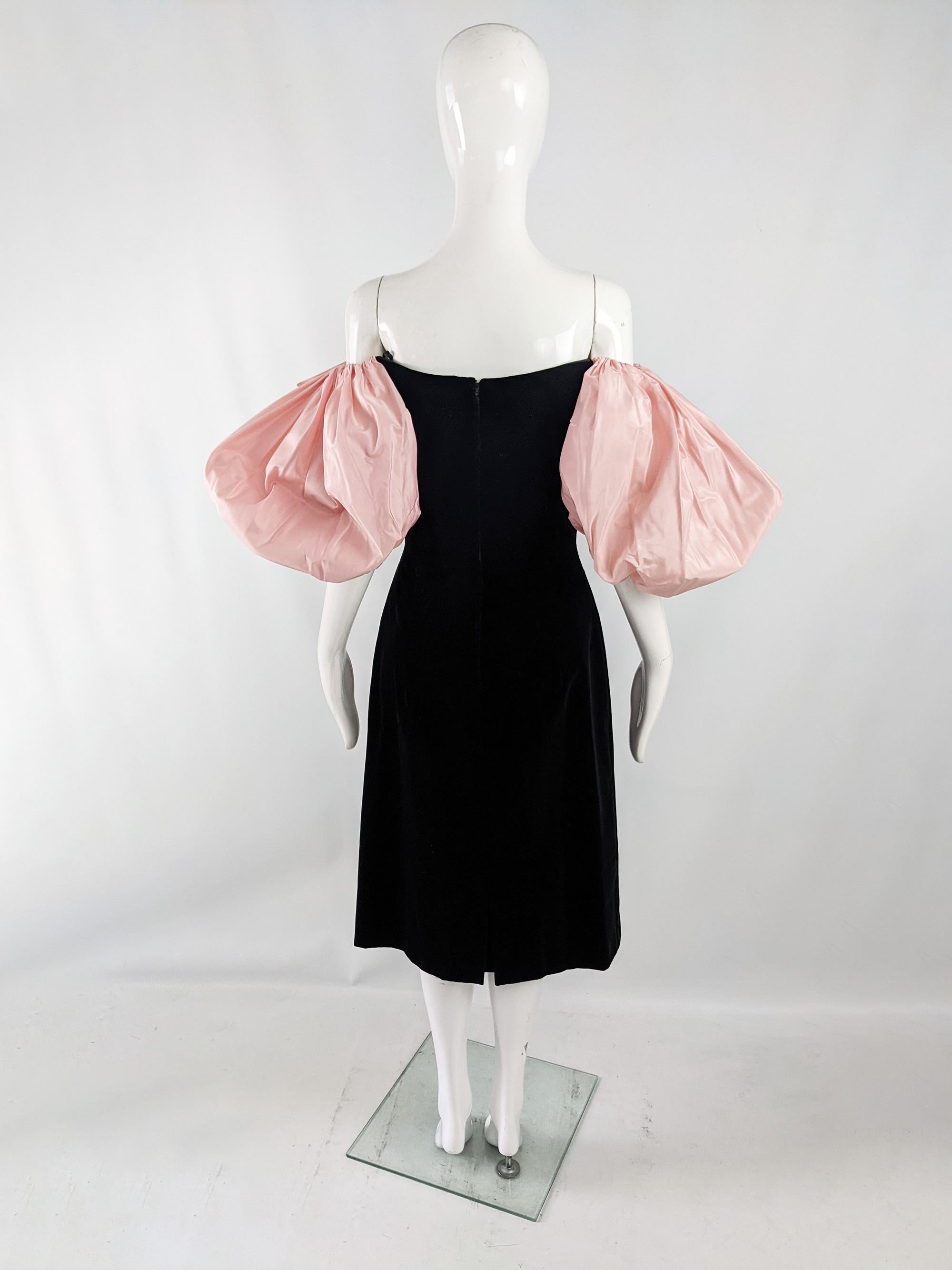 Gina Fratini Vintage Velvet & Pink Silk Taffeta Puff Sleeve Party Evening Dress For Sale 2