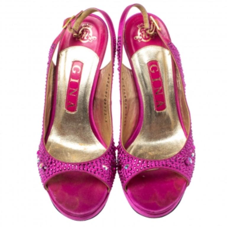 Gina Fuchsia Jewel Embellished Slingback Open Toe Platform Sandals Size 38 For Sale 1
