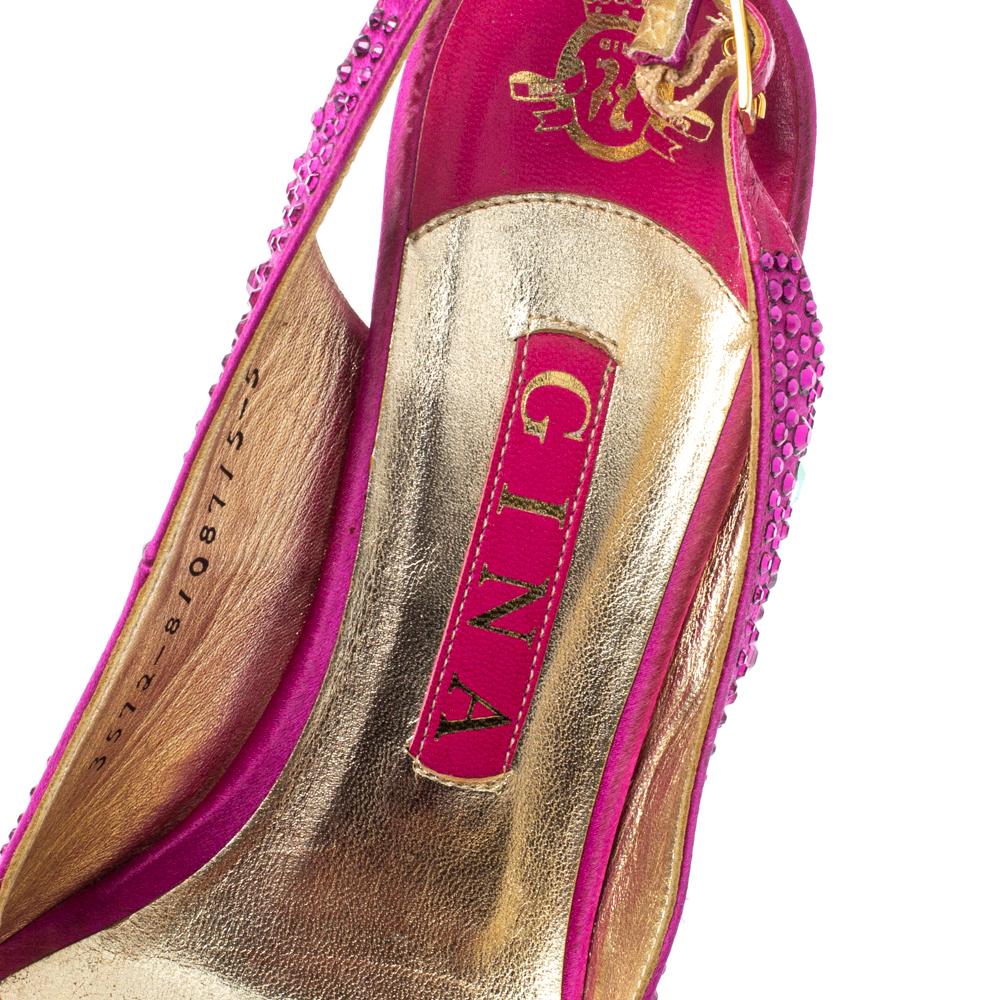 Gina Fuchsia Jewel Embellished Slingback Open Toe Platform Sandals Size 38 In Good Condition For Sale In Dubai, Al Qouz 2