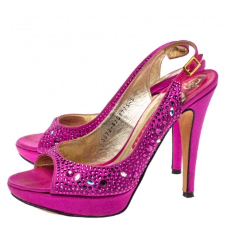 Gina Fuchsia Jewel Embellished Slingback Open Toe Platform Sandals Size 38 For Sale 2