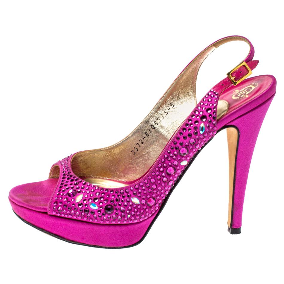 Gina Fuchsia Jewel Embellished Slingback Open Toe Platform Sandals Size 38