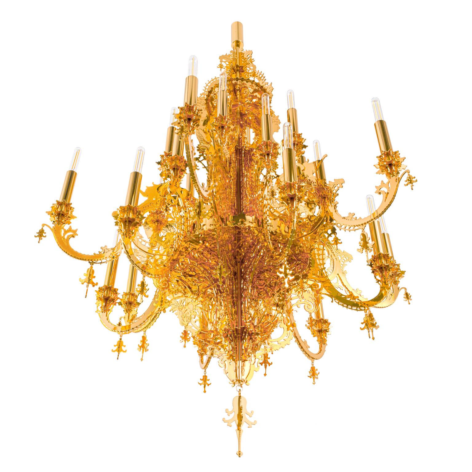 This contemporary chandelier is made in metallic lace and plated gold 24-karat, it is a very decorative hanging light with 12 branches for 24-light bulbs. The chandelier was designed by Enzo Scibetta, using pencil, fretsaw, gimlet, clamps, glue,