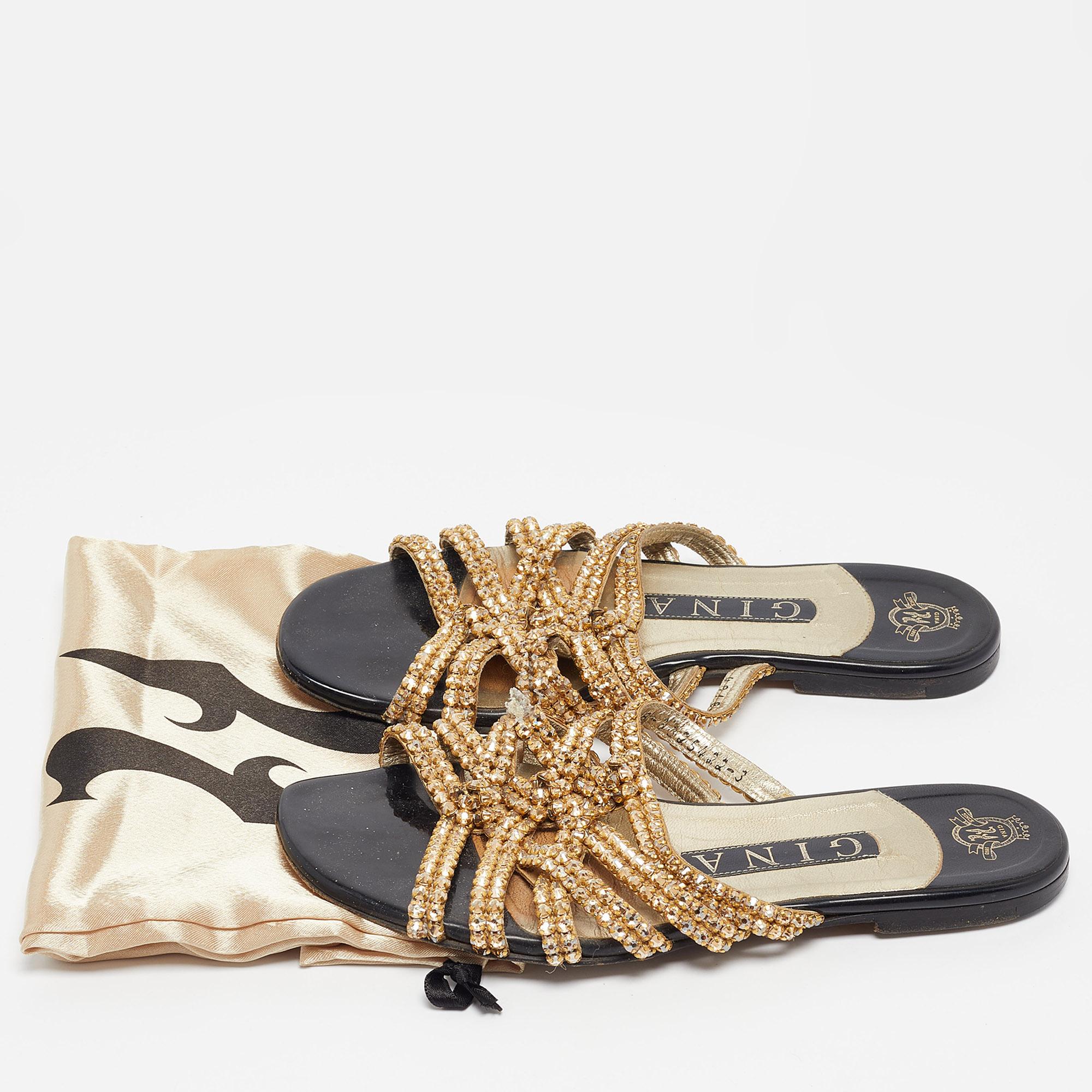 Gina Gold Crystal Embellished Leather Flat Slides Size 36 For Sale 6