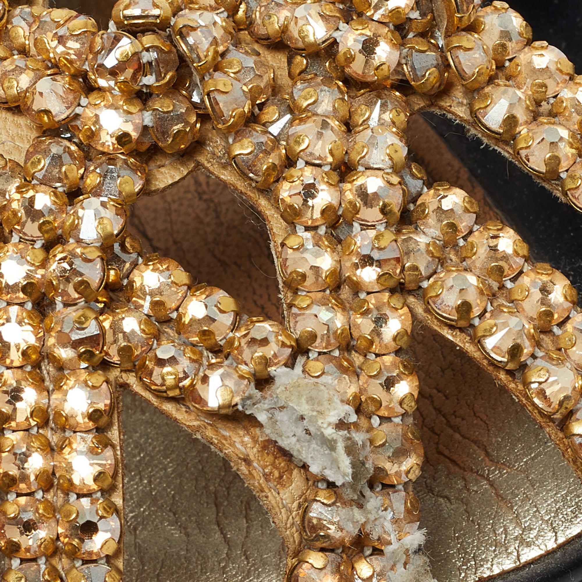 Gina Gold Crystal Embellished Leather Flat Slides Size 36 For Sale 1