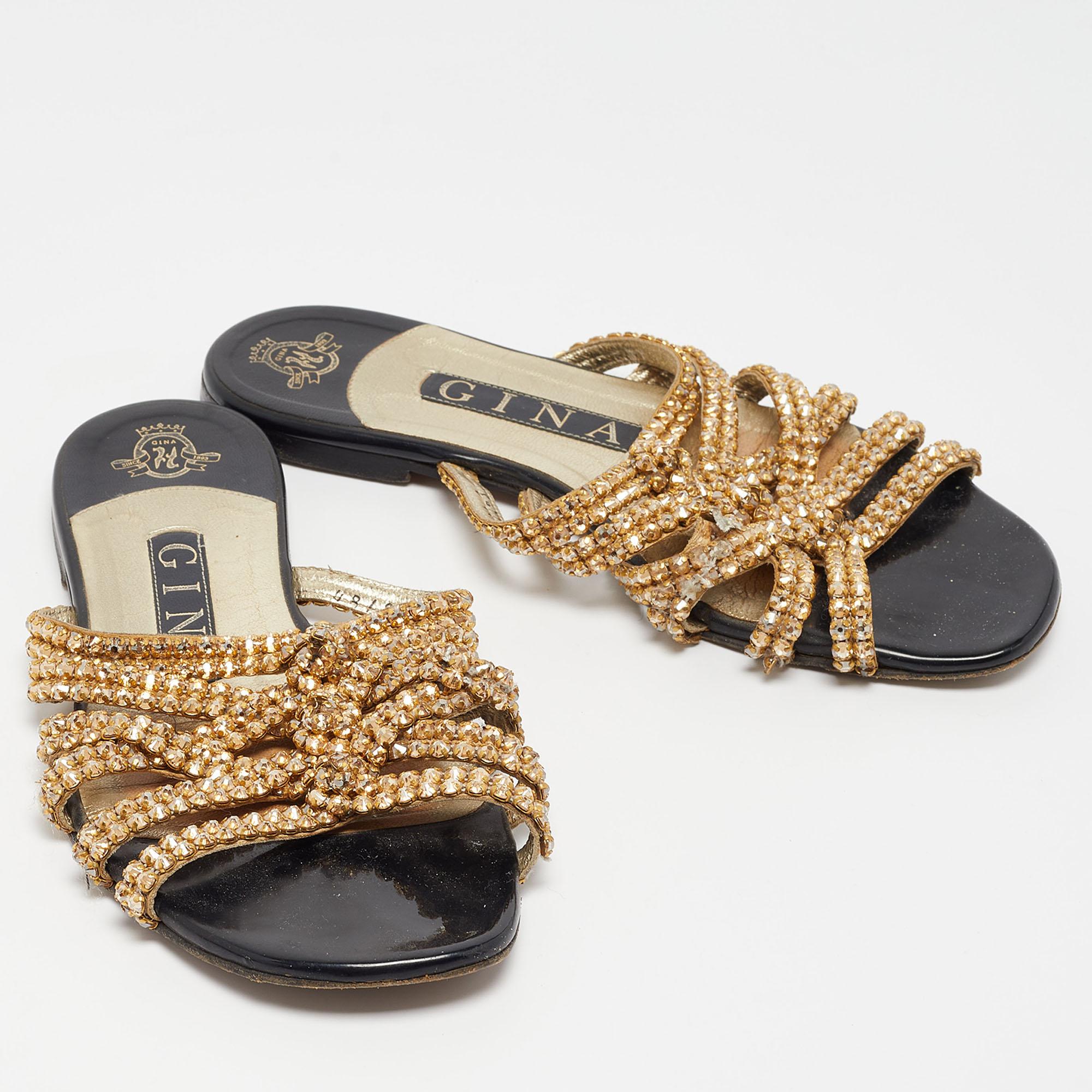 Gina Gold Crystal Embellished Leather Flat Slides Size 36 For Sale 2
