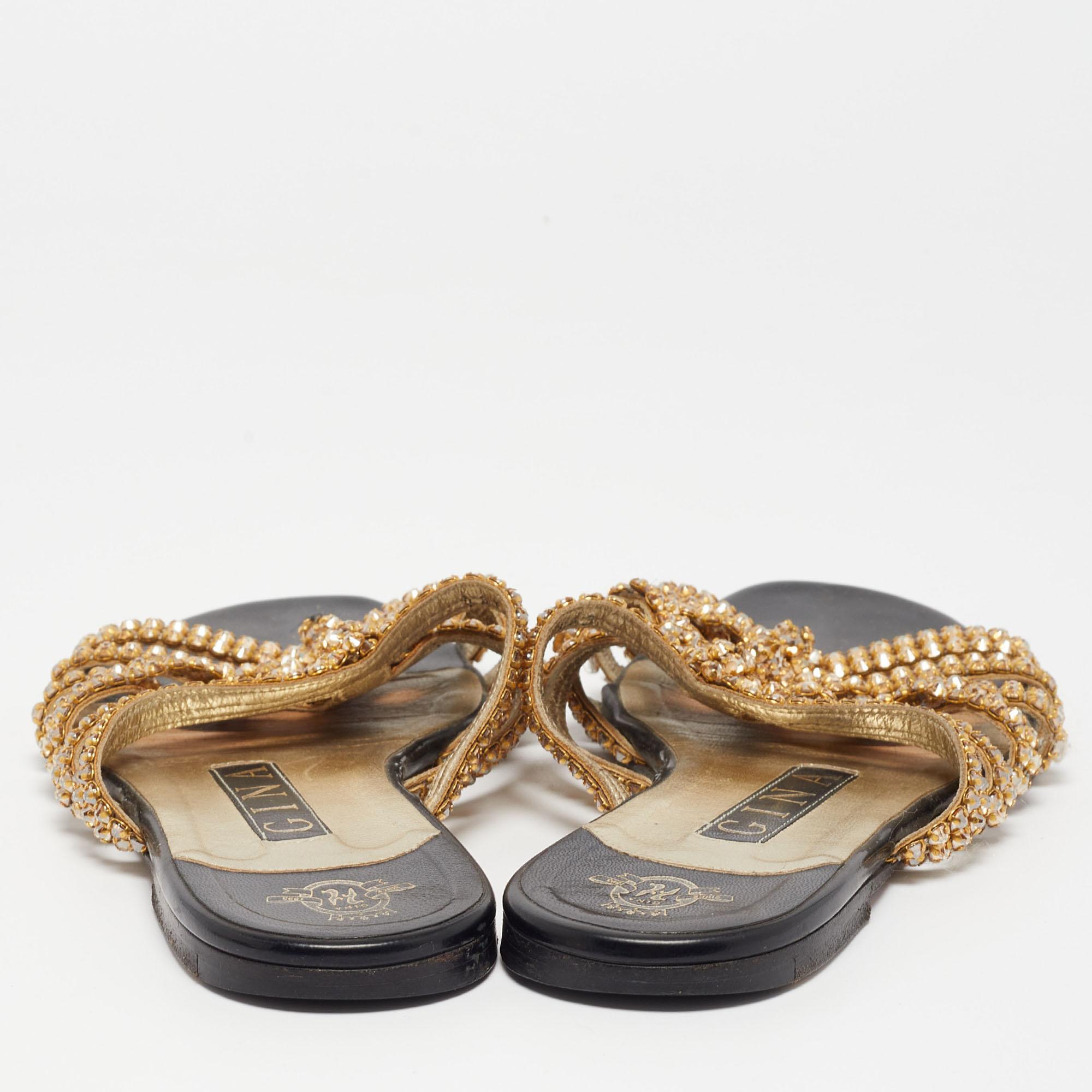 Gina Gold Crystal Embellished Leather Flat Slides Size 36 For Sale 3