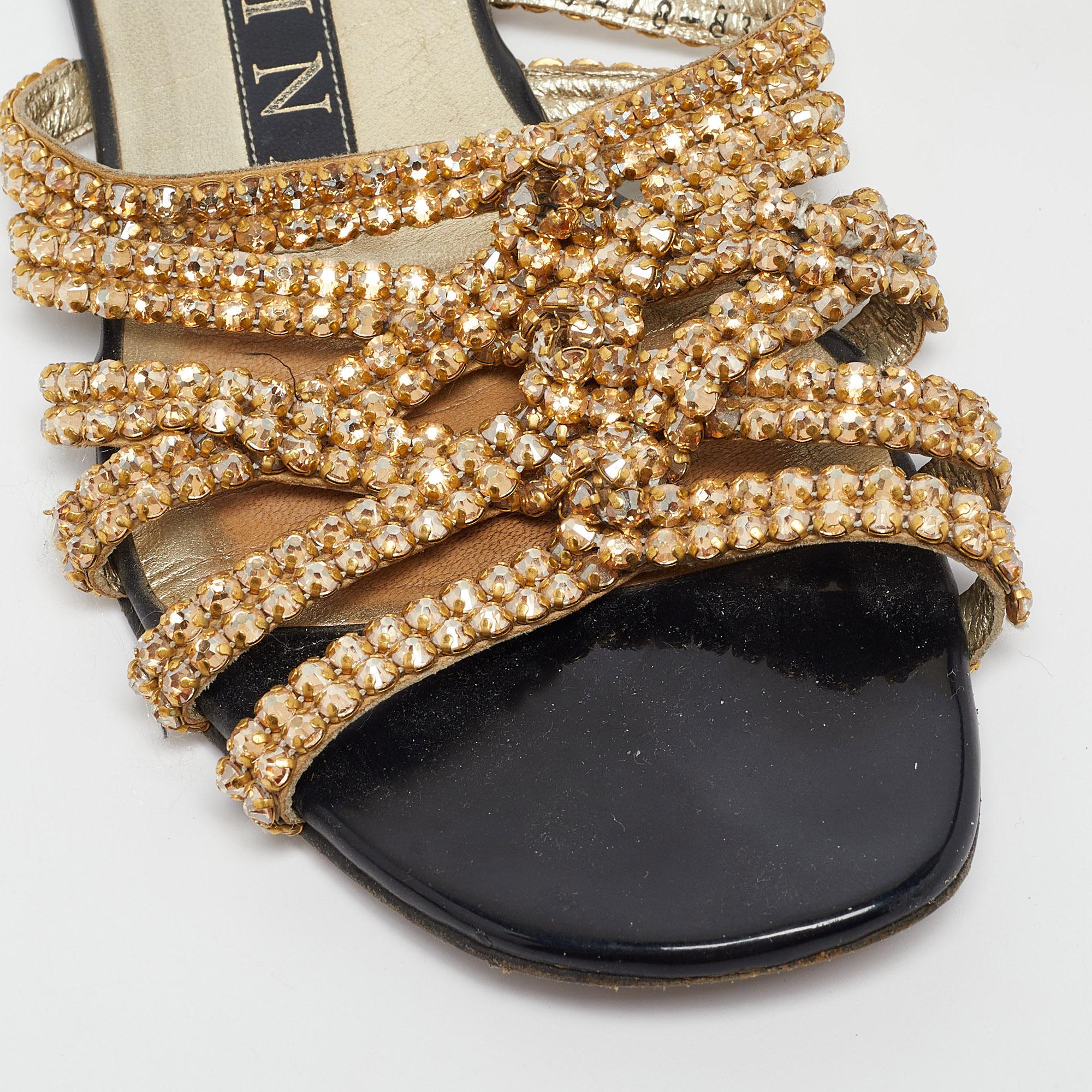 Gina Gold Crystal Embellished Leather Flat Slides Size 36 For Sale 5