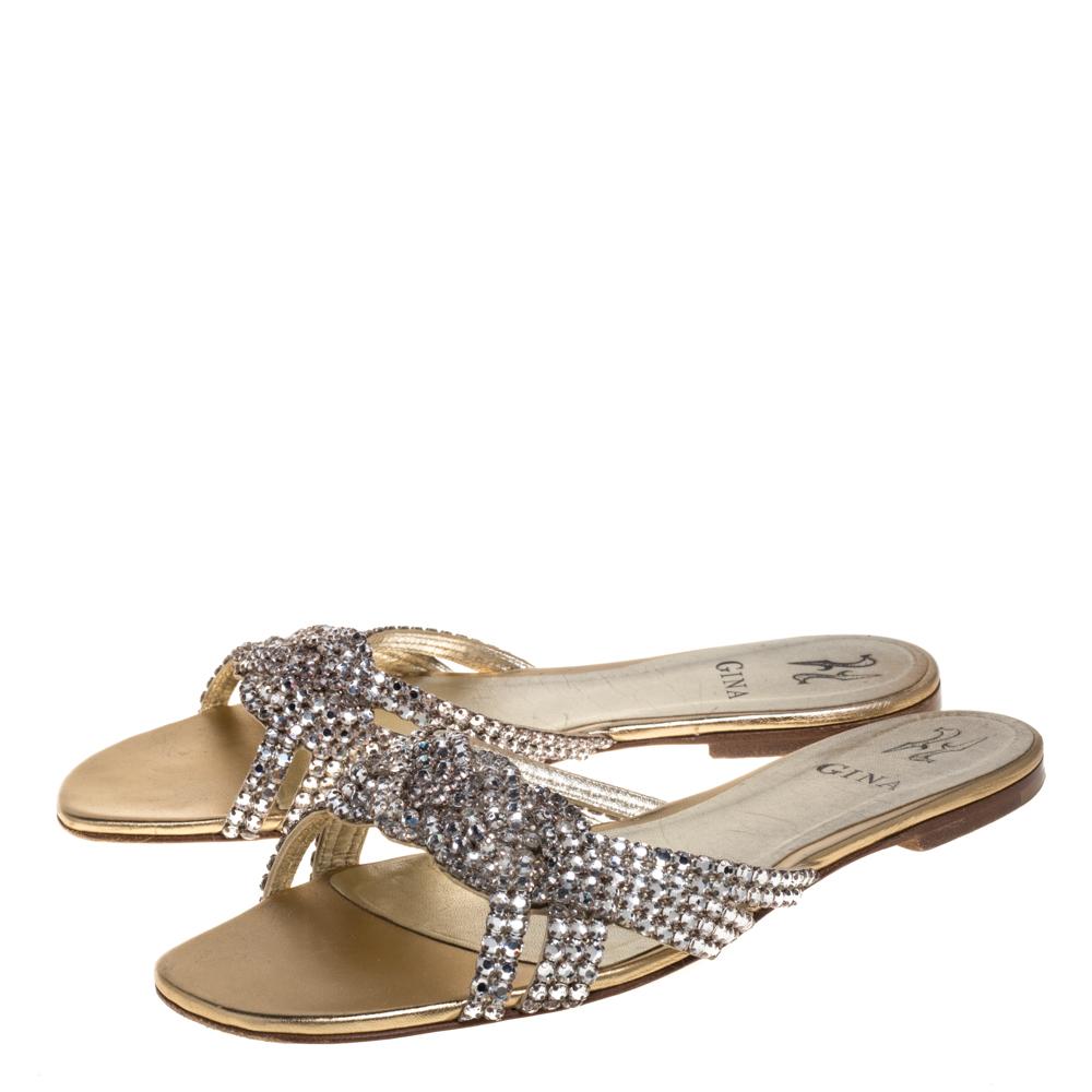 Brown Gina Gold Crystal Embellished Leather Flat Slides Size 40