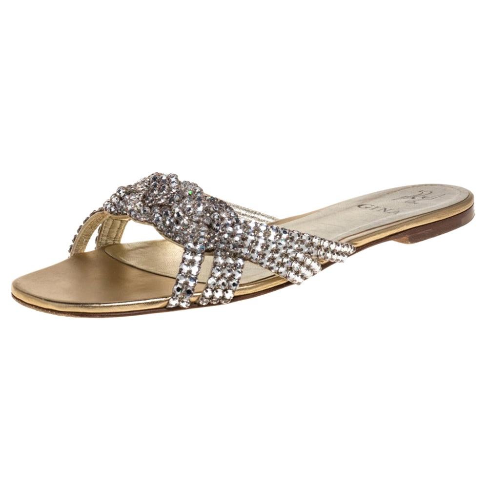 Gina Gold Crystal Embellished Leather Flat Slides Size 40