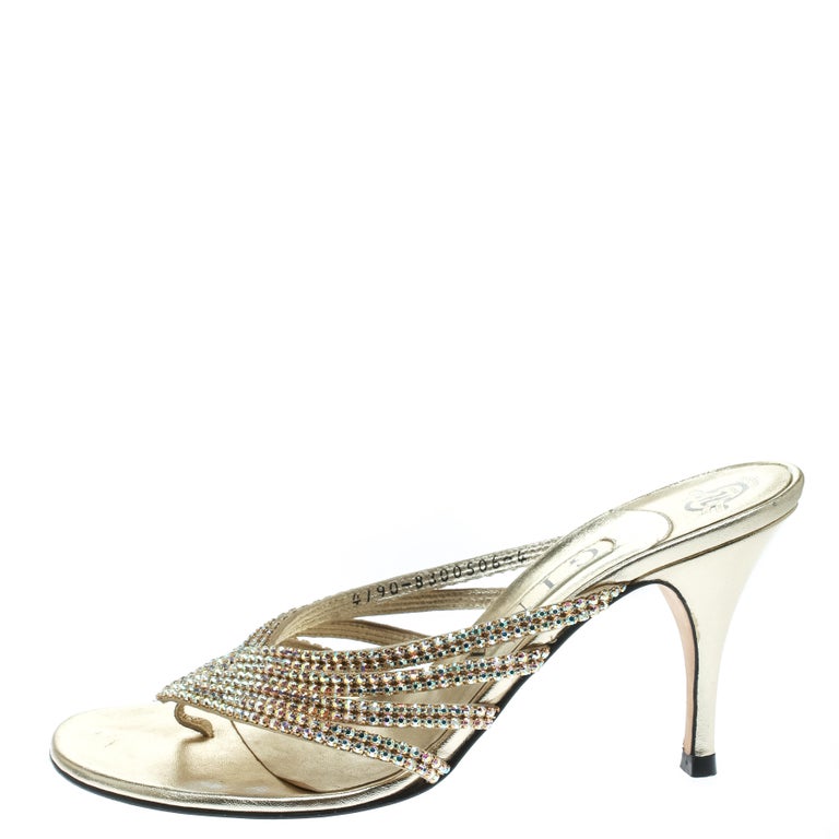 Gina Gold Crystal Embellished Leather Sandals Size 37 For Sale at 1stDibs
