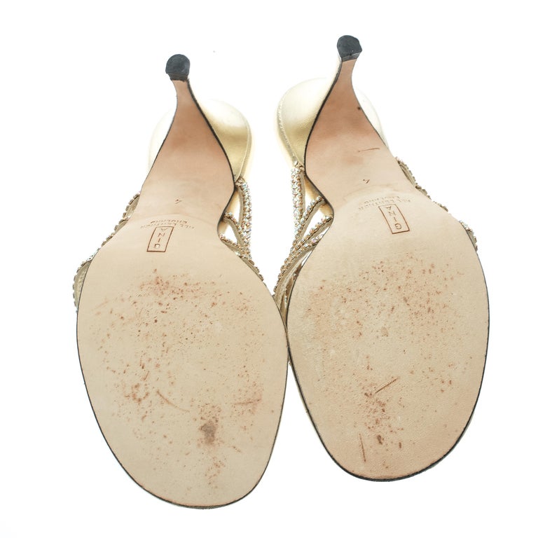 Gina Gold Crystal Embellished Leather Sandals Size 37 For Sale at 1stDibs