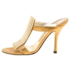 Gina Gold Crystal Embellished Leather Sandals Size 37