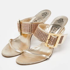 Gina Gold Crystal Embellished Leather Slide Sandals Size 37.5