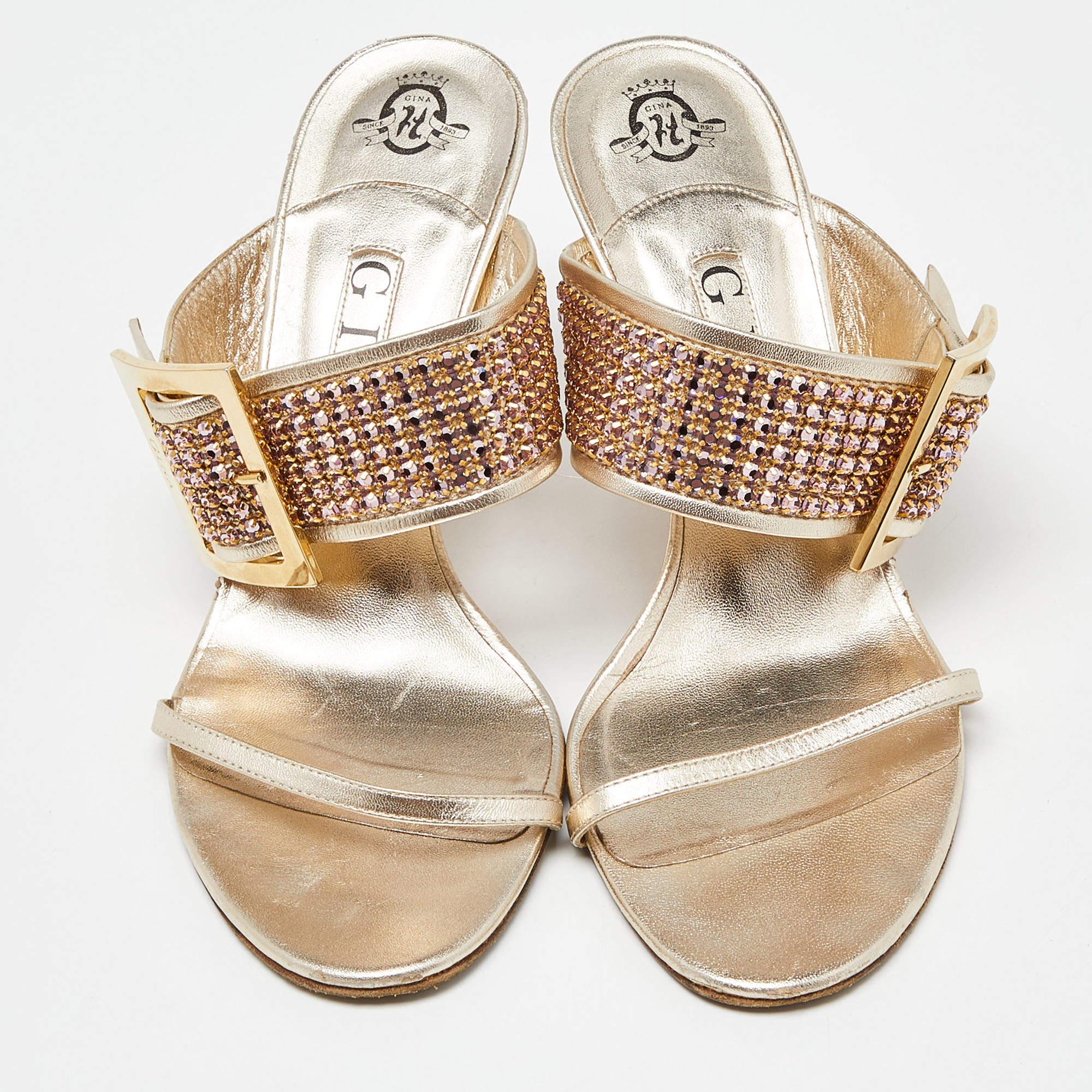 Gina Sandalias de piel con adornos de cristal dorado talla 37.5 Oro en venta