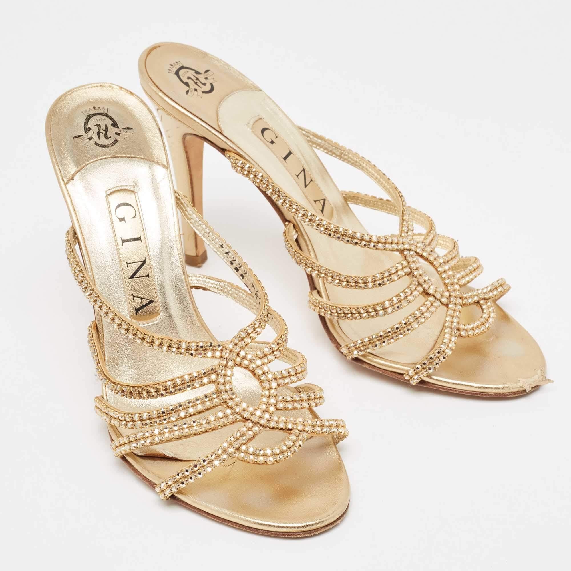 Women's Gina Gold Crystal Embellished Leather Slide Sandals Size 37.5
