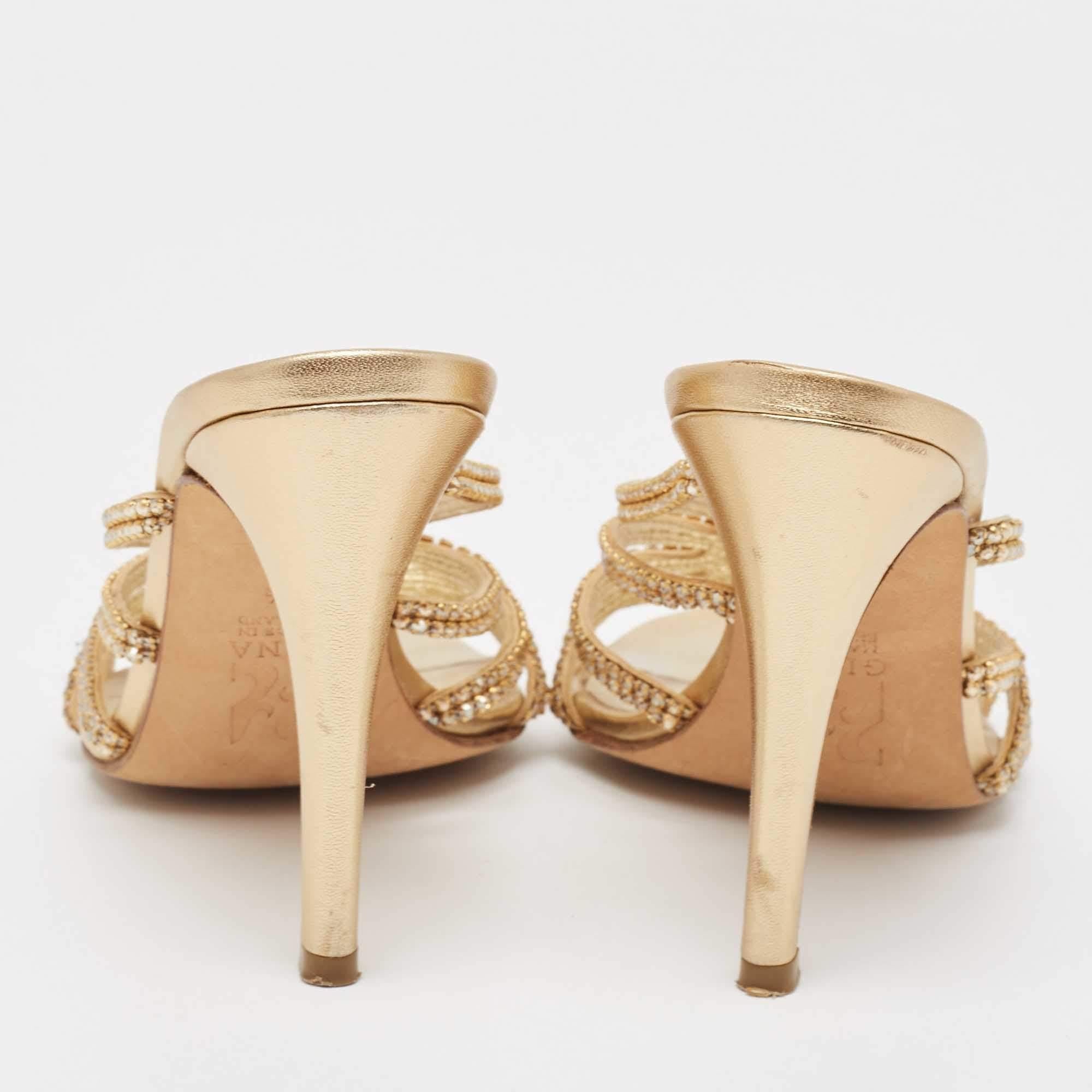 Gina Gold Crystal Embellished Leather Slide Sandals Size 37.5 1