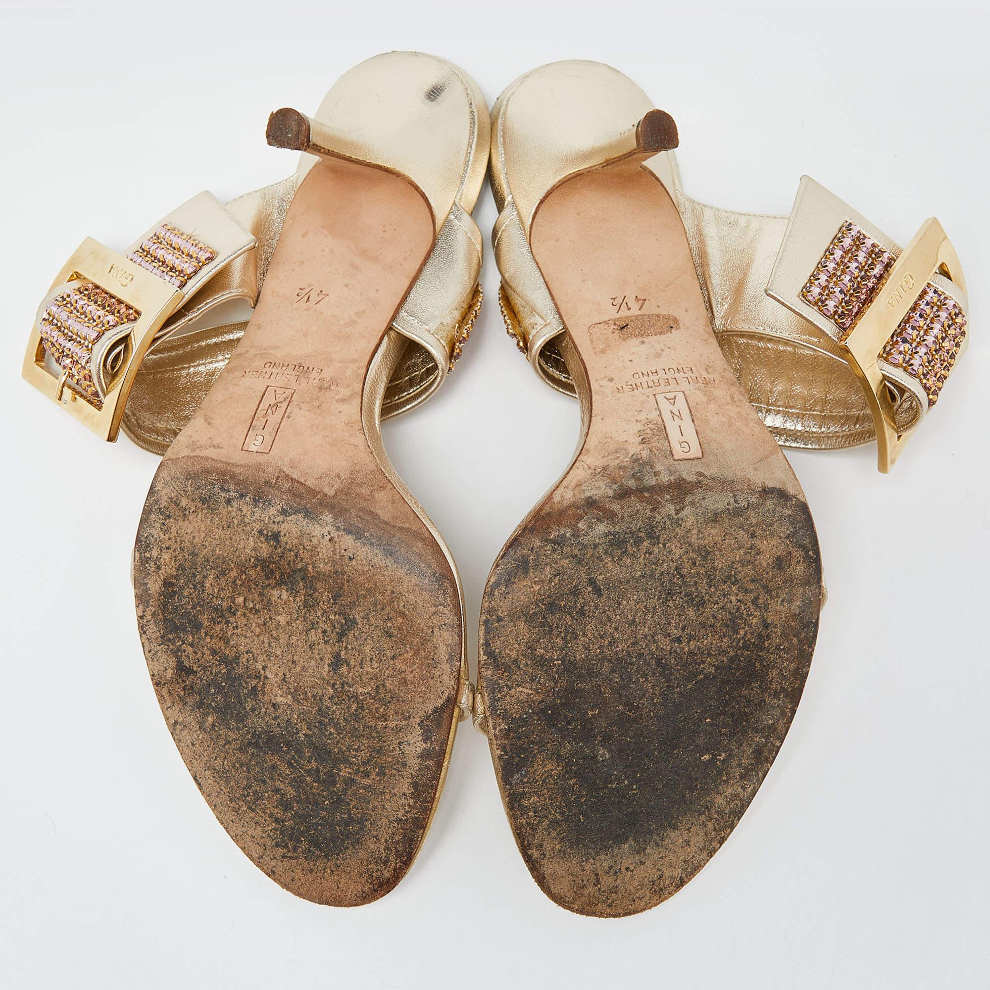 Gina Sandalias de piel con adornos de cristal dorado talla 37.5 en venta 1