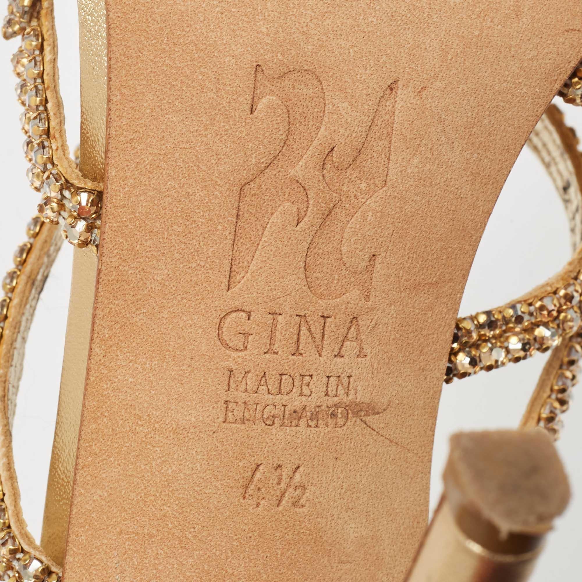Gina Gold Crystal Embellished Leather Slide Sandals Size 37.5 4