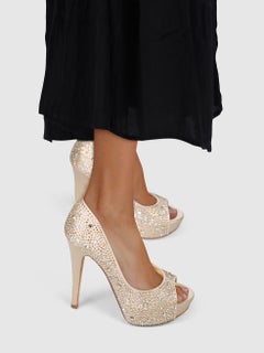 Gina Gold Crystal Peep Toe Heels Size UK 4
