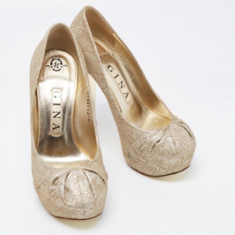 Gina escarpins Claire à plateforme en dentelle et cuir dorée taille 37 en vente 1