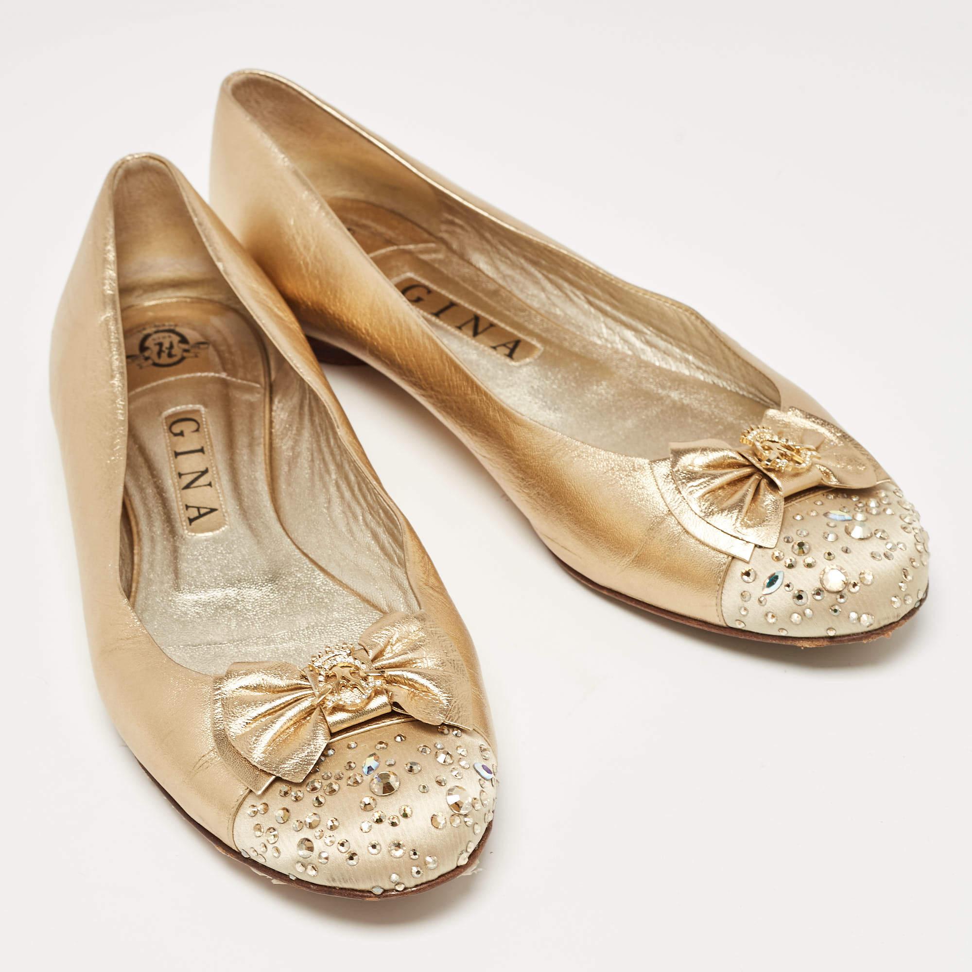 Women's Gina Gold Leather and Crystal Embellished Satin Cap Toe Bow Ballet Flats Size 41