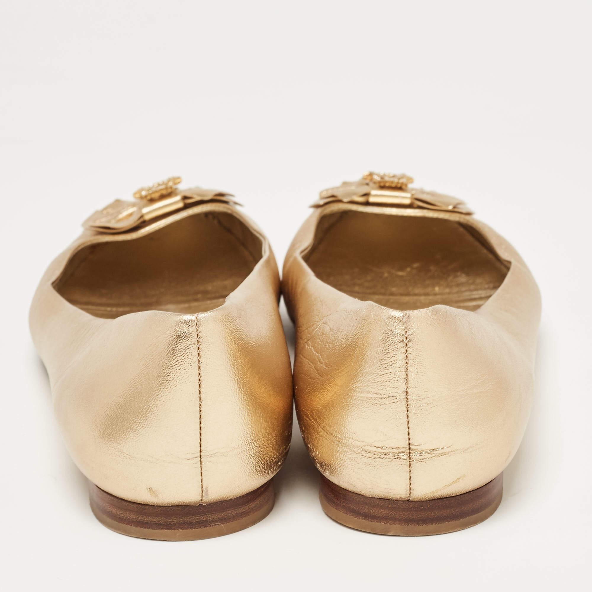 Gina Gold Leather and Crystal Embellished Satin Cap Toe Bow Ballet Flats Size 41 1