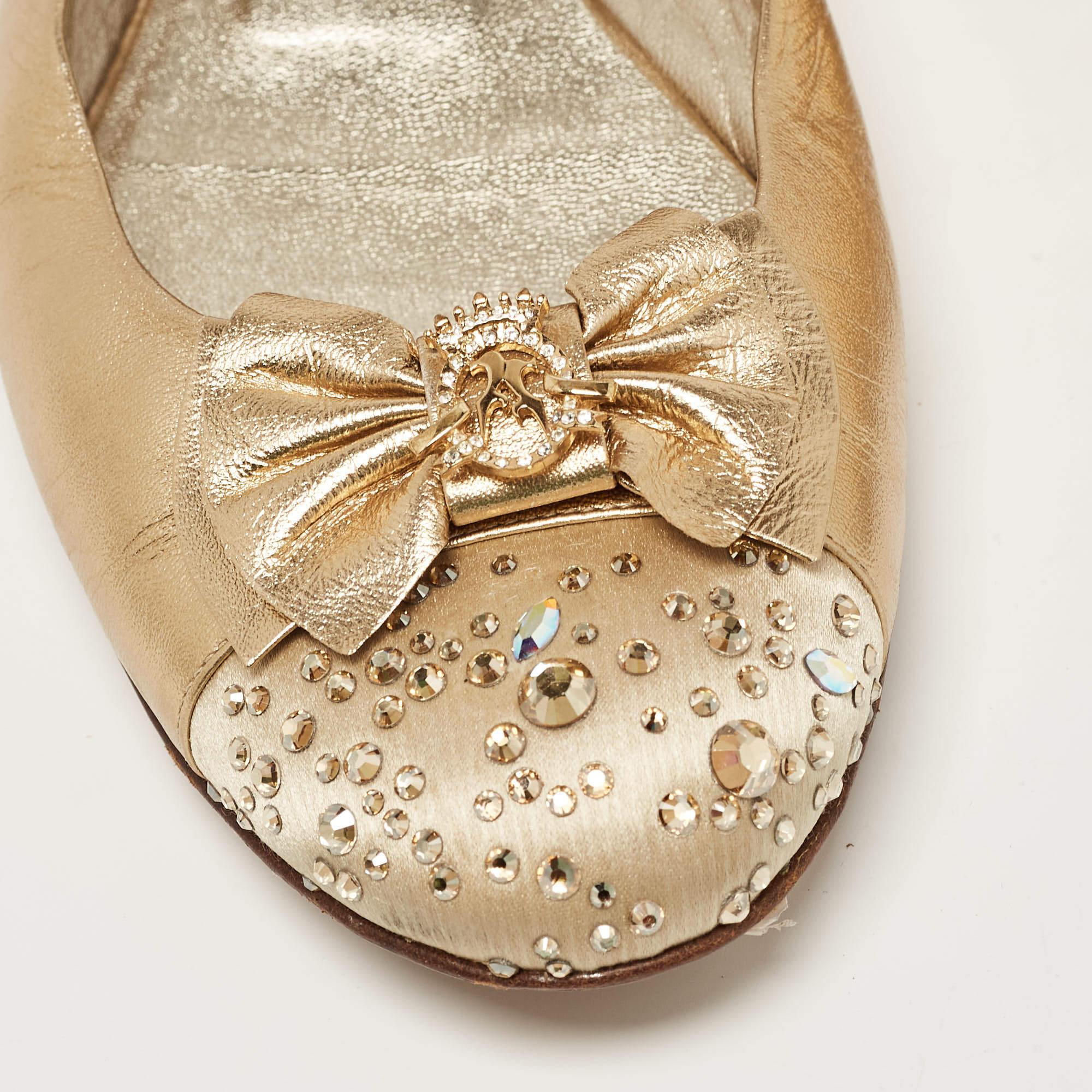 Gina Gold Leather and Crystal Embellished Satin Cap Toe Bow Ballet Flats Size 41 3