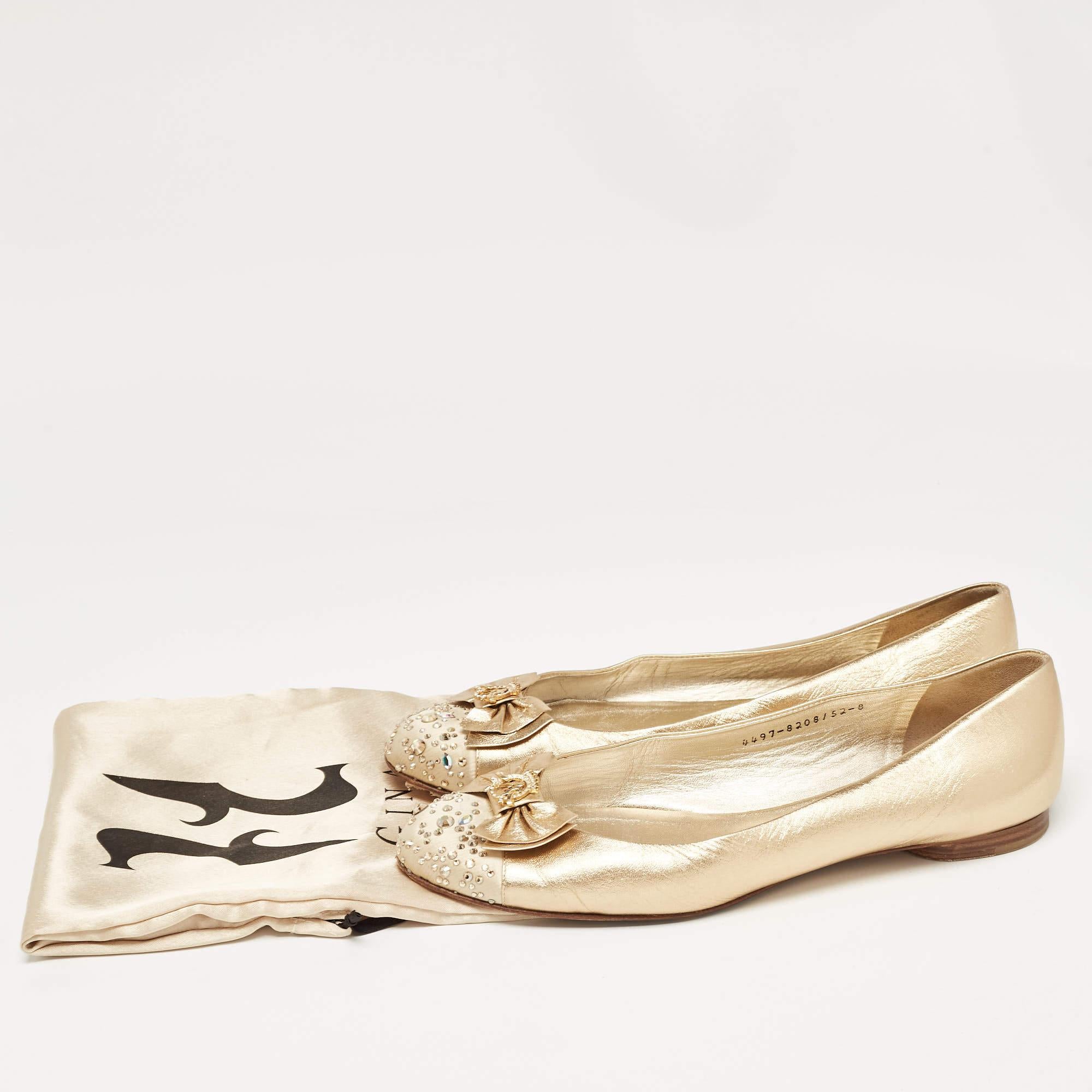 Gina Gold Leather and Crystal Embellished Satin Cap Toe Bow Ballet Flats Size 41 5