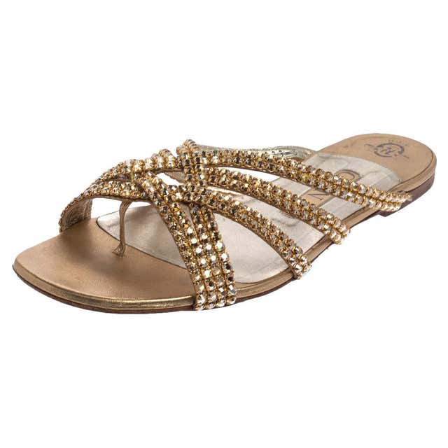 Gina Gold Leather Crystal Embellished Flat Slides Size 38.5 at 1stDibs