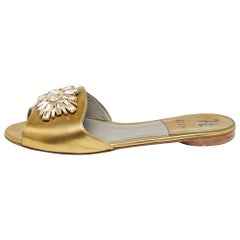Gina Gold Leather Crystal Embellished Flat Slides Size 39