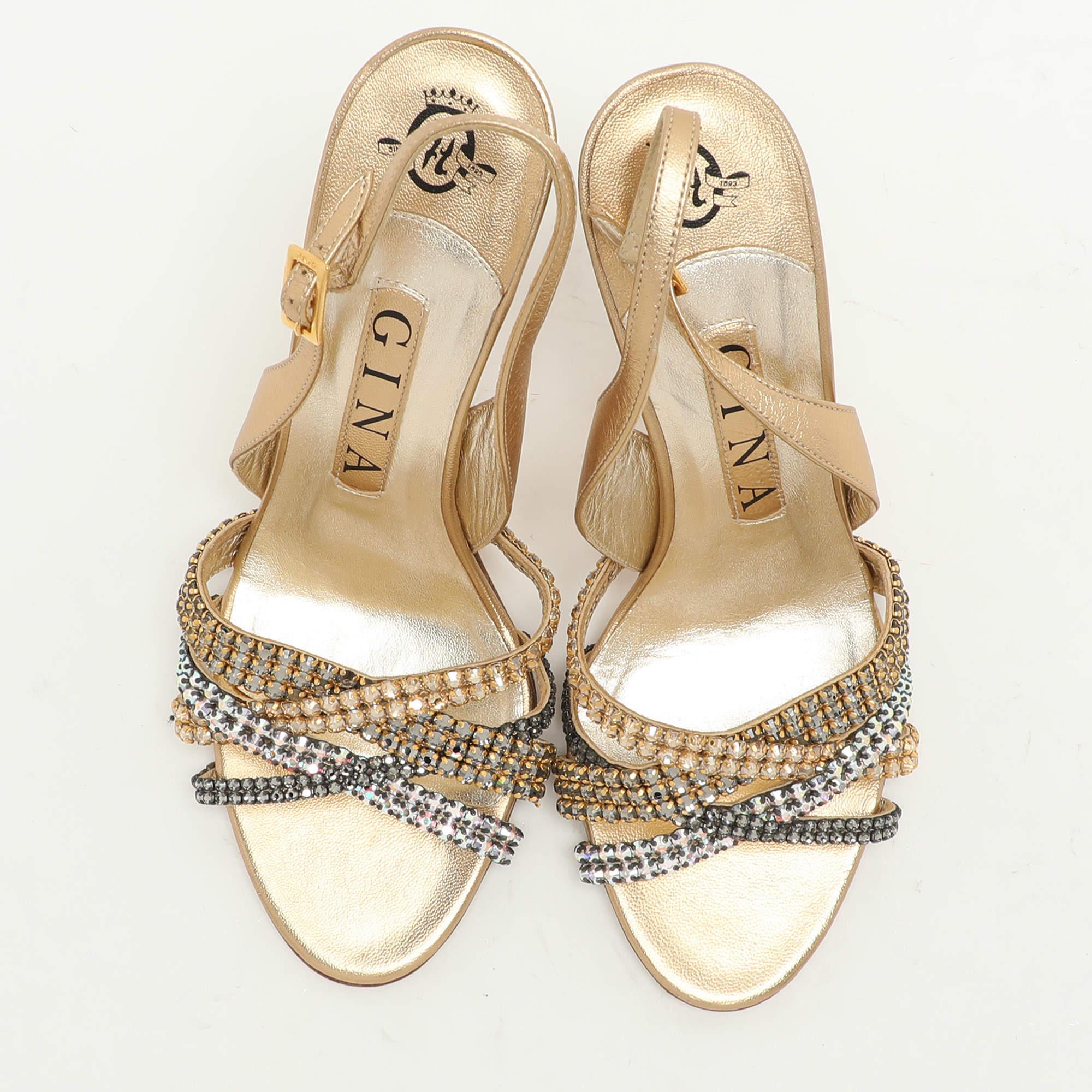 Gina Gold Leather Crystal Embellished Slingback Sandals Size 37 In Good Condition In Dubai, Al Qouz 2
