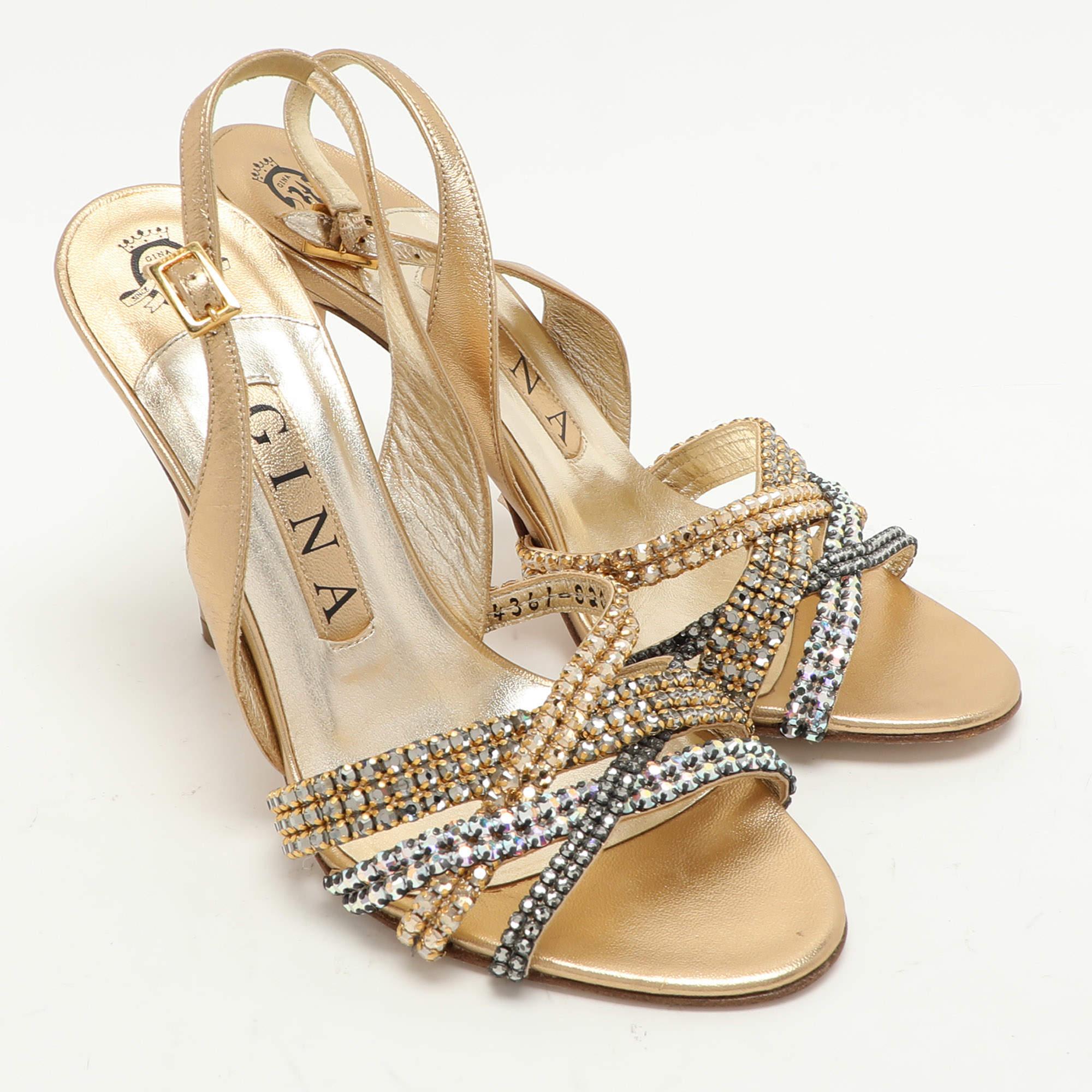 Women's Gina Gold Leather Crystal Embellished Slingback Sandals Size 37