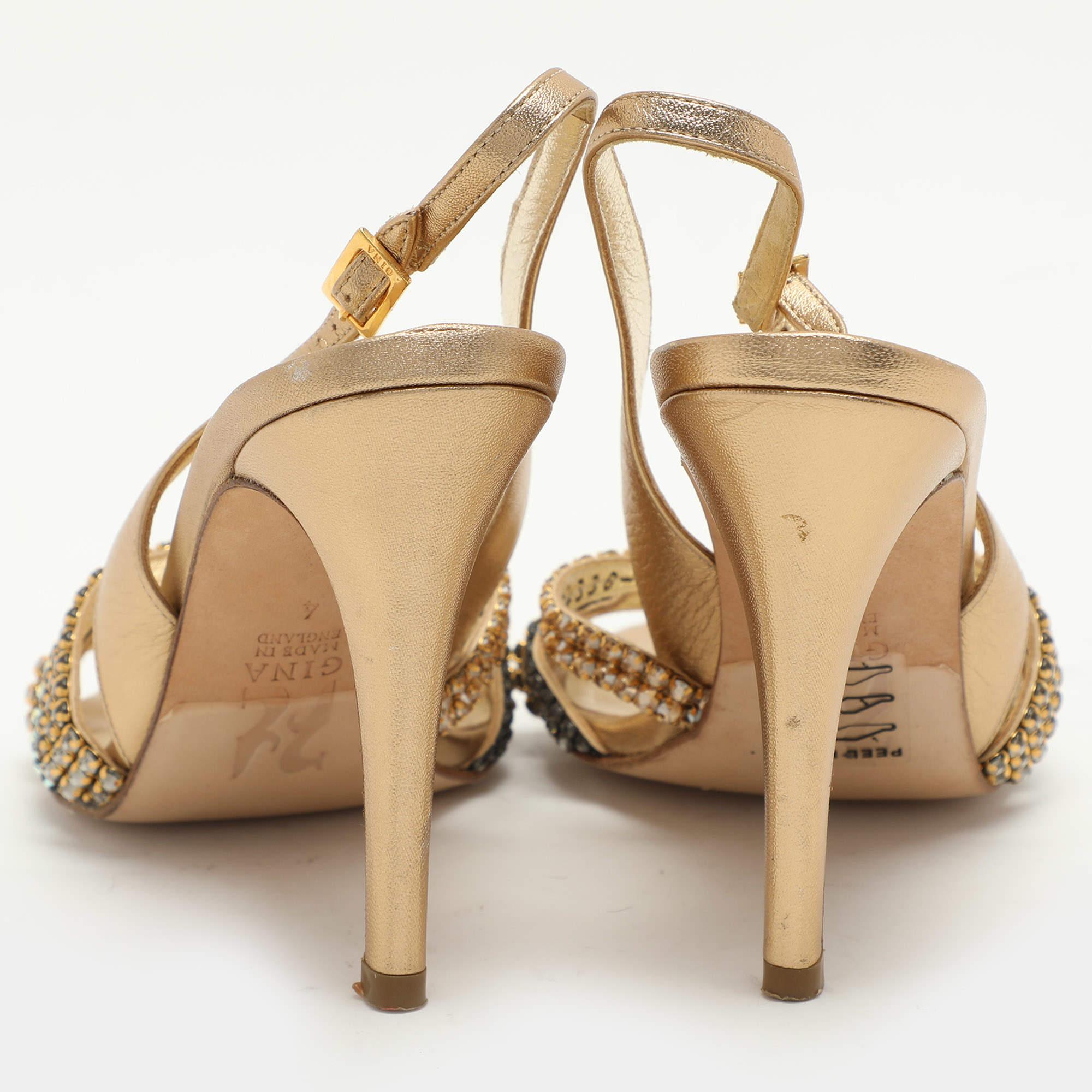 Gina Gold Leather Crystal Embellished Slingback Sandals Size 37 1