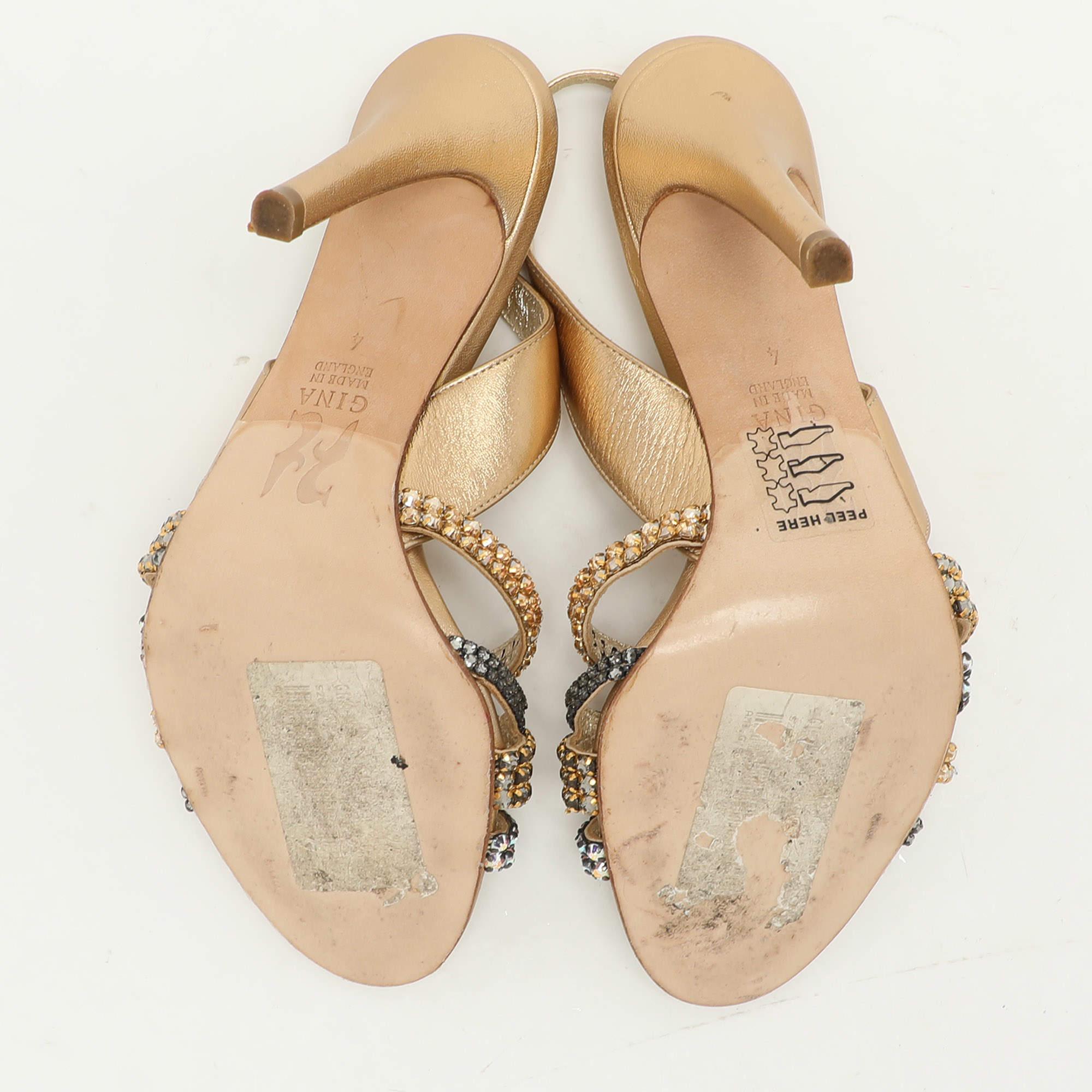 Gina Gold Leather Crystal Embellished Slingback Sandals Size 37 2