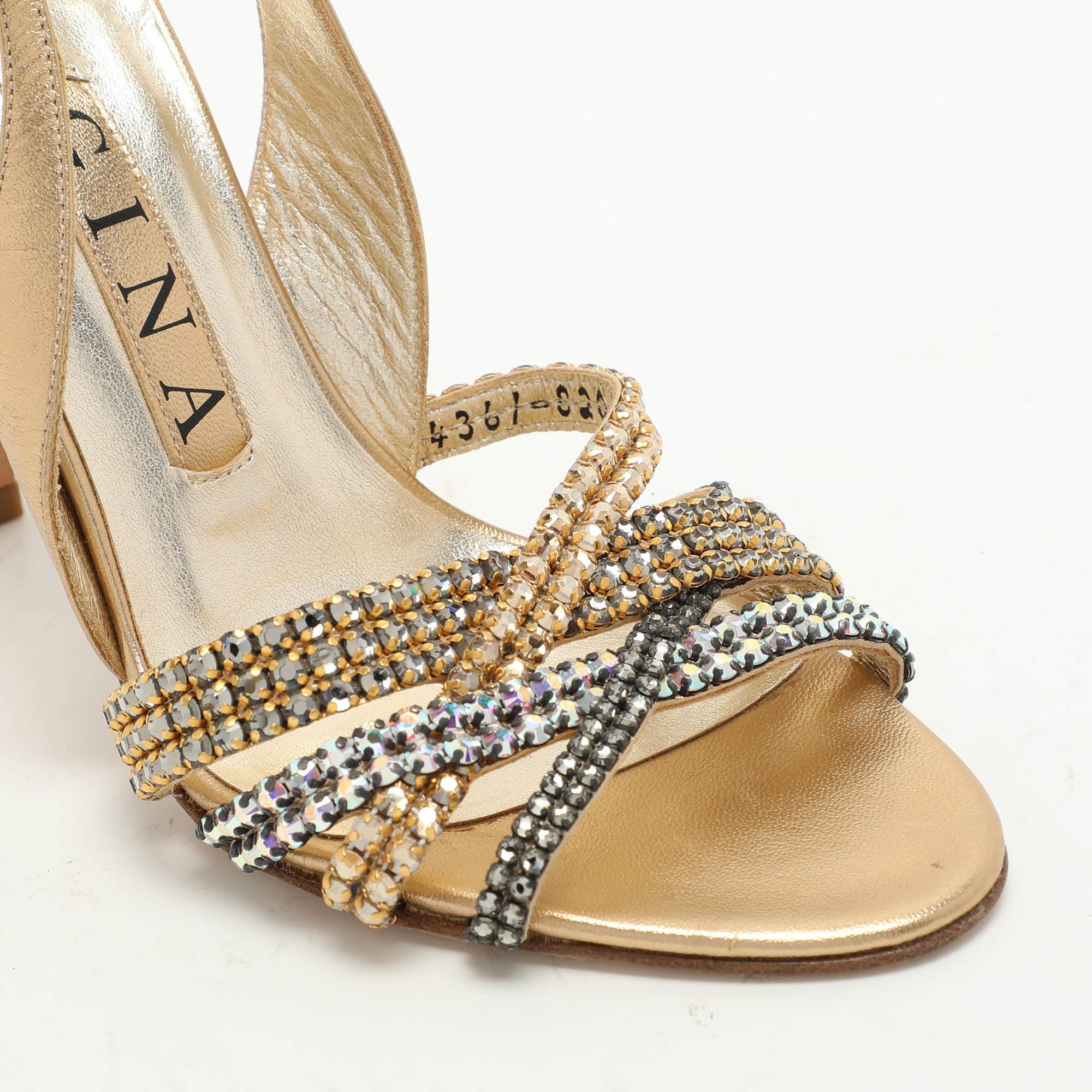 Gina Gold Leather Crystal Embellished Slingback Sandals Size 37 3