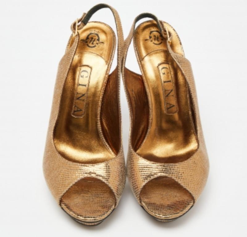 Marrone Gina - Sandali in pelle con piattaforma Peep Toe Slingback in oro con effetto lucertola - misura 39 in vendita