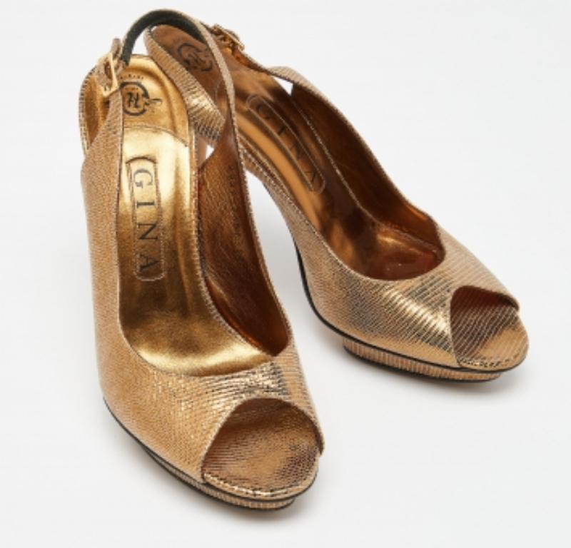 Donna Gina - Sandali in pelle con piattaforma Peep Toe Slingback in oro con effetto lucertola - misura 39 in vendita