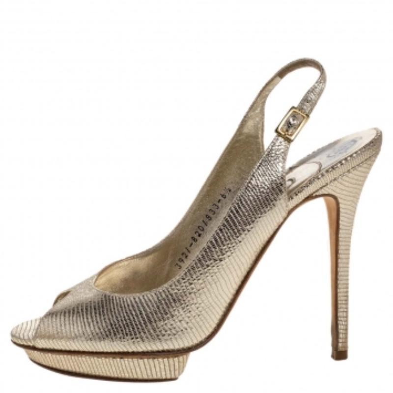 Women's Gina Gold Lizard Embossed Leather Platform Peep Toe Slingback Sandals Size 39.5 For Sale