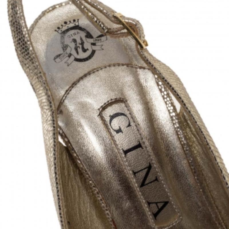 Gina Gold Lizard Embossed Leather Platform Peep Toe Slingback Sandals Size 39.5 For Sale 1
