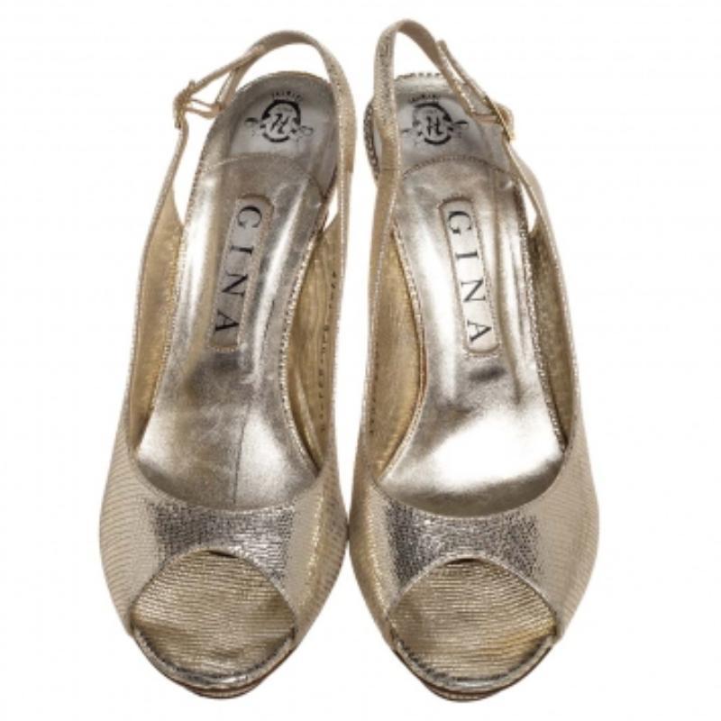 Gina Gold Lizard Embossed Leather Platform Peep Toe Slingback Sandals Size 39.5 For Sale 2