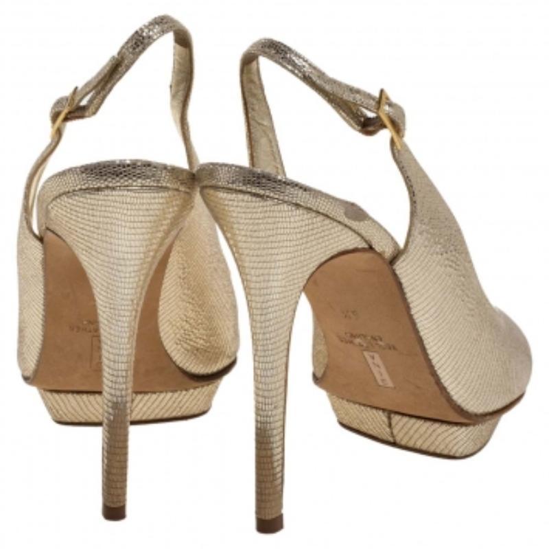 Gina Gold Lizard Embossed Leather Platform Peep Toe Slingback Sandals Size 39.5 For Sale 3
