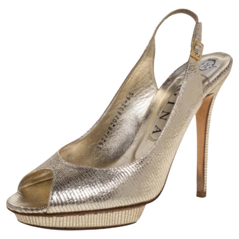 Gina Gold Lizard Embossed Leather Platform Peep Toe Slingback Sandals Size 39.5 For Sale